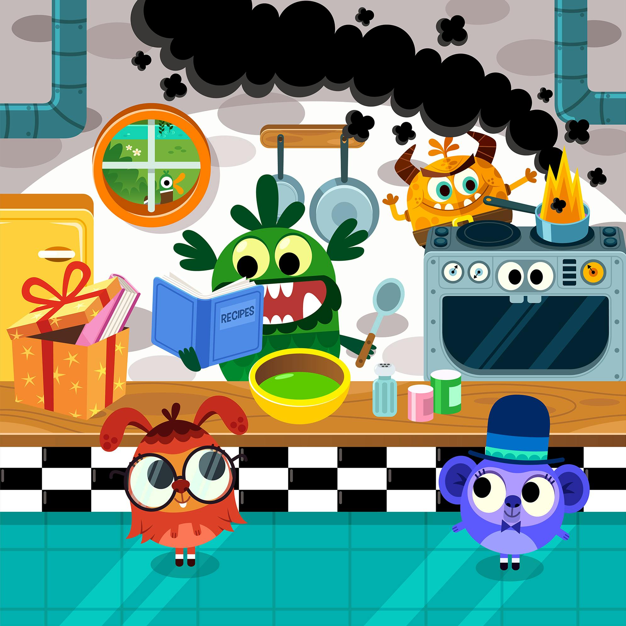 Monsters in a kitchen making food