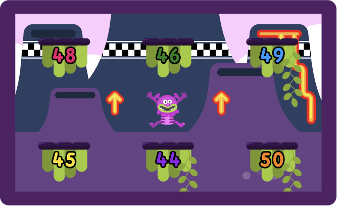 A monster jumps onto a platform with the numeral '44' on it