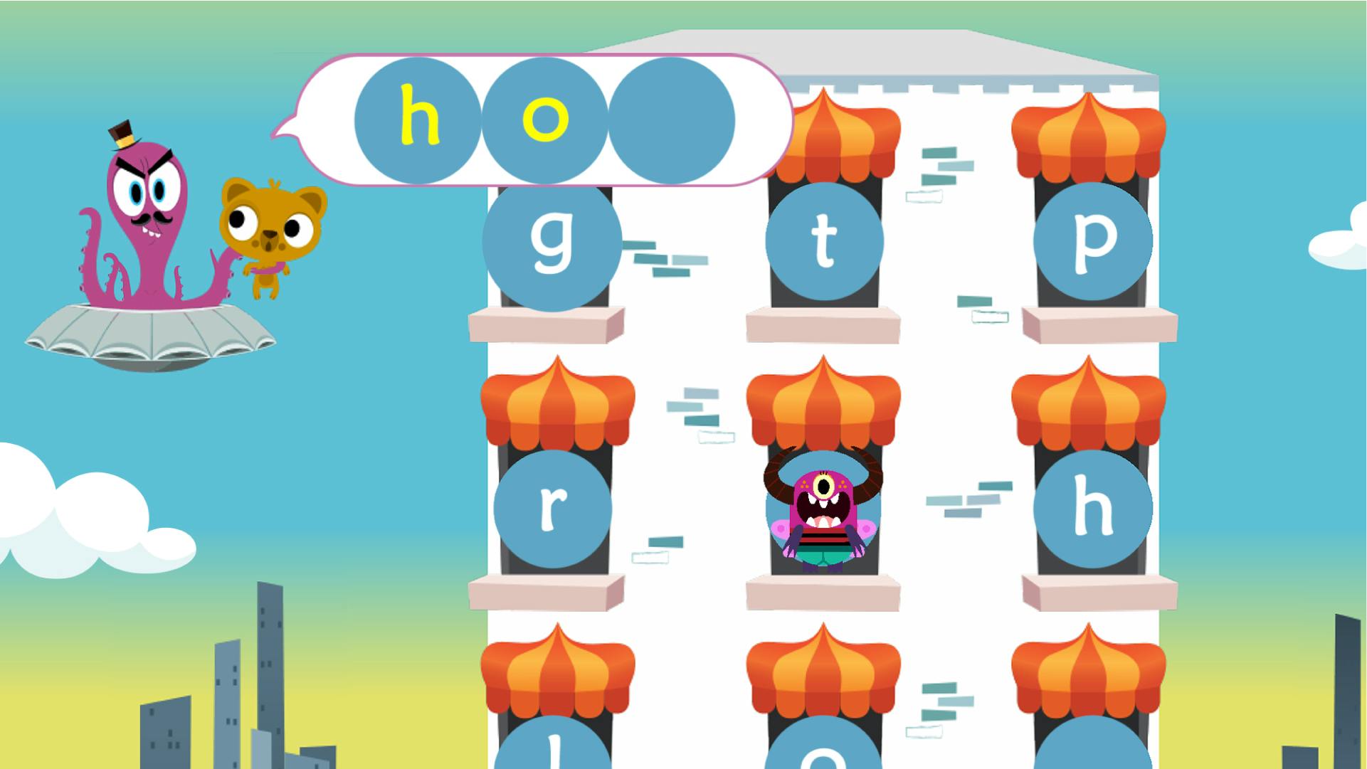 Blending words in our game, Teach Your Monster to Read. A monster needs to choose the next letter for the word beginning 'ho'