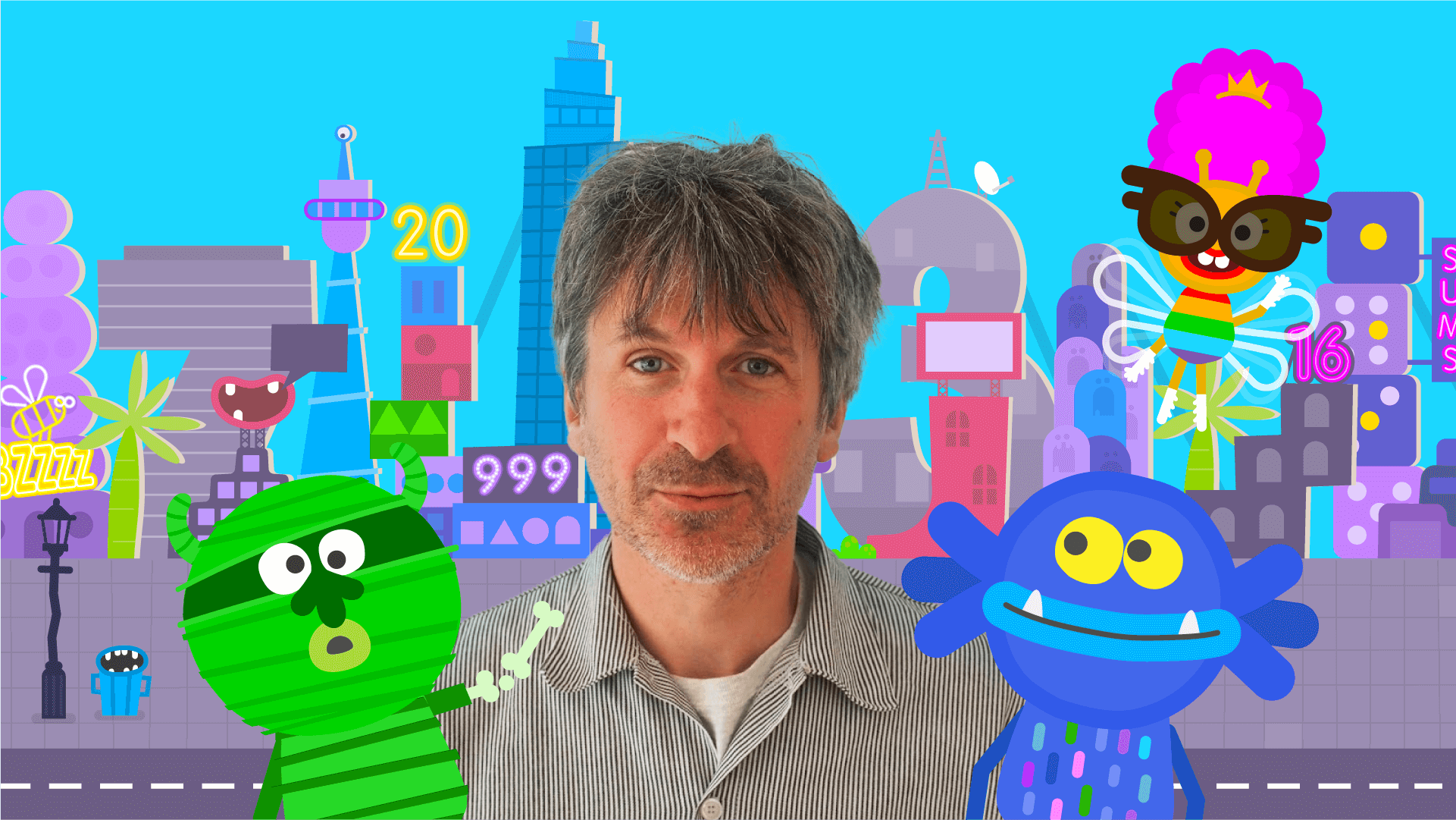 Matt Sayers, Game Designer and Developer with characters from the Number Skills game