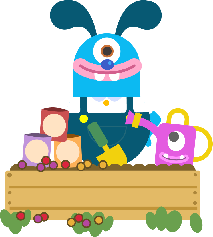 Bub the rabbit with his gardening tools