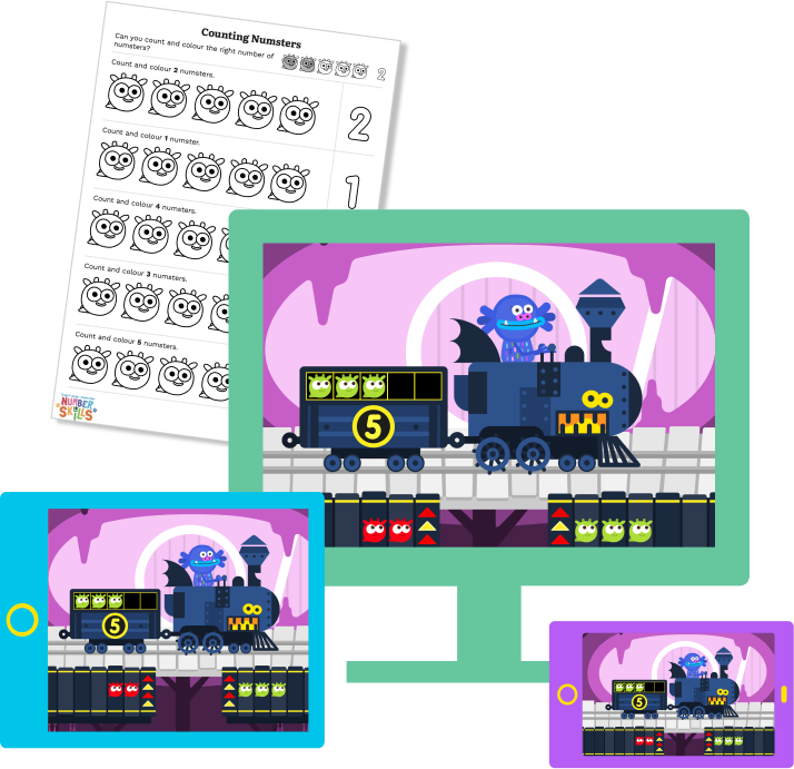 The Teach Your Monster Number Skills game is playable on computers and handheld devices. Free learning resources are also available.