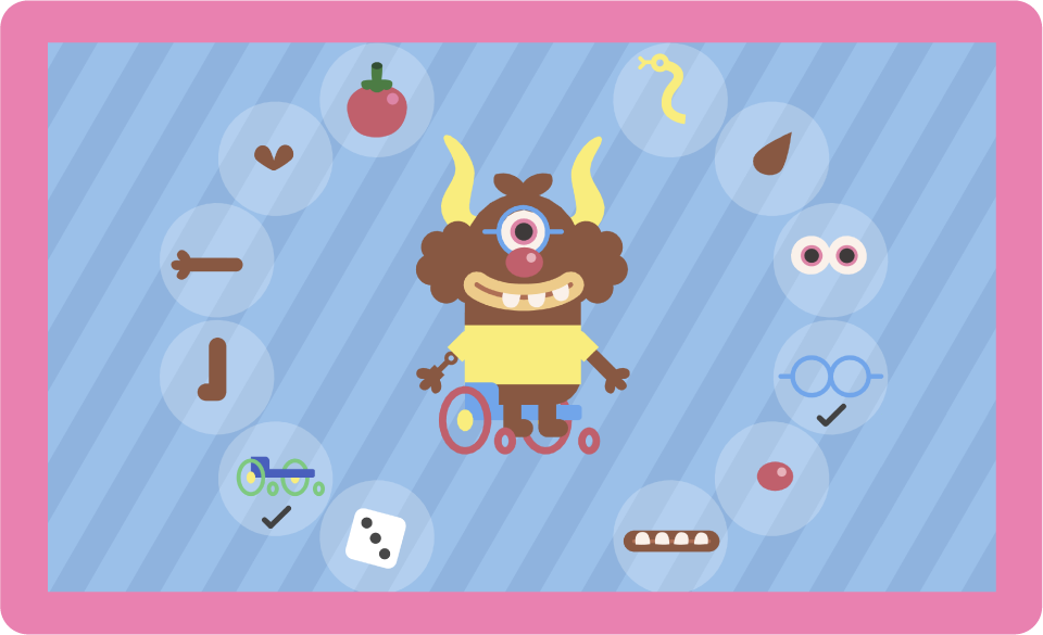 A monster in a wheelchair with a selection of alternative body parts around it.