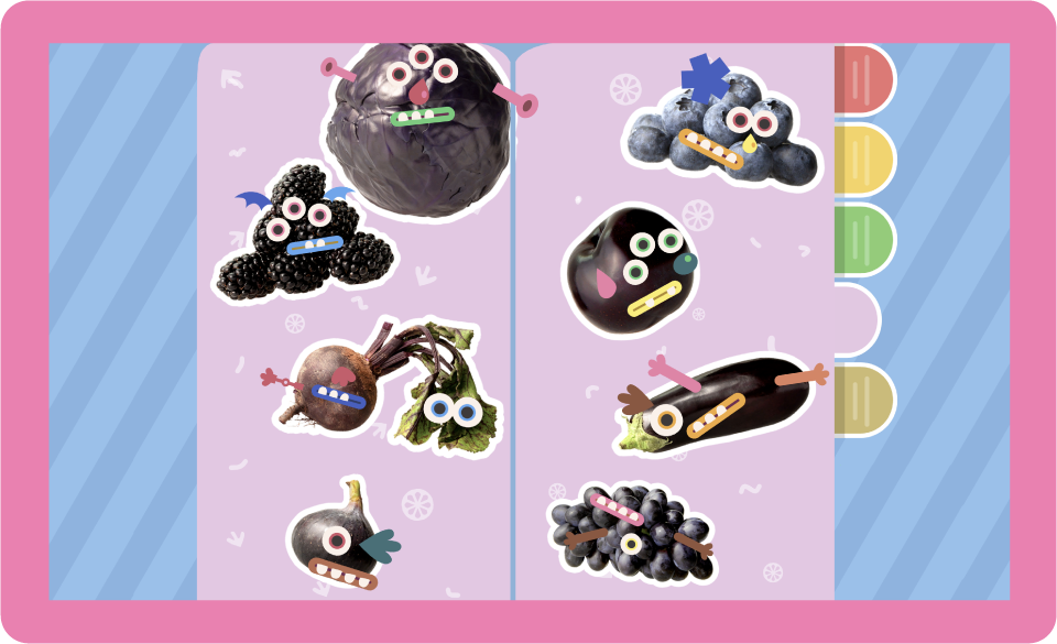 Lots of vegetable monster stickers in a book