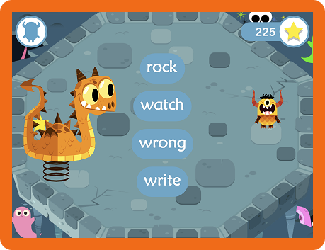 A monster and dragon face off with the words 'rock' 'watch' 'wrong' and 'write' between them.