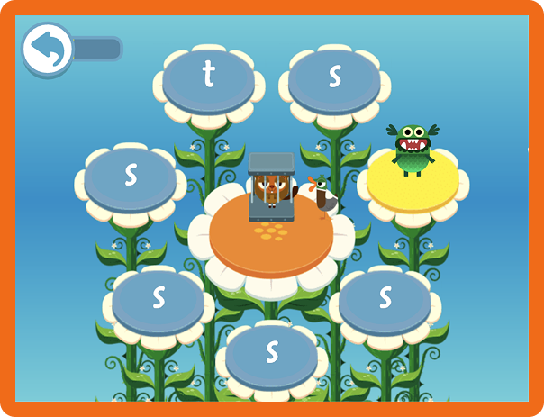 A monster stands on a flower. The letters 's' and 't' are on top of more flowers, with a villager in a cage in the centre.