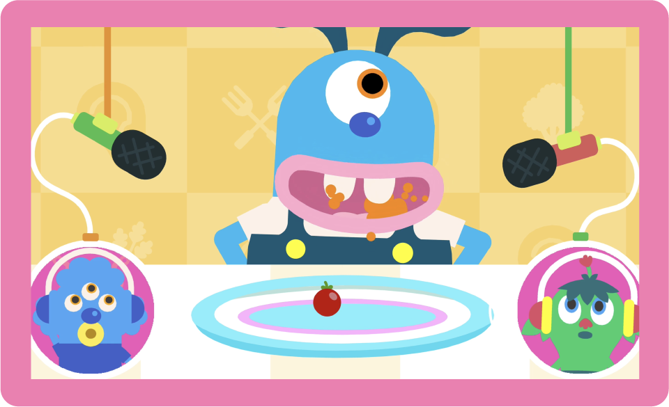 Two monsters listen through headphones to another monster as it chews some food.