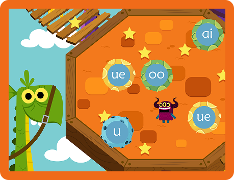 A monster looks at many meteors with phonemes on them