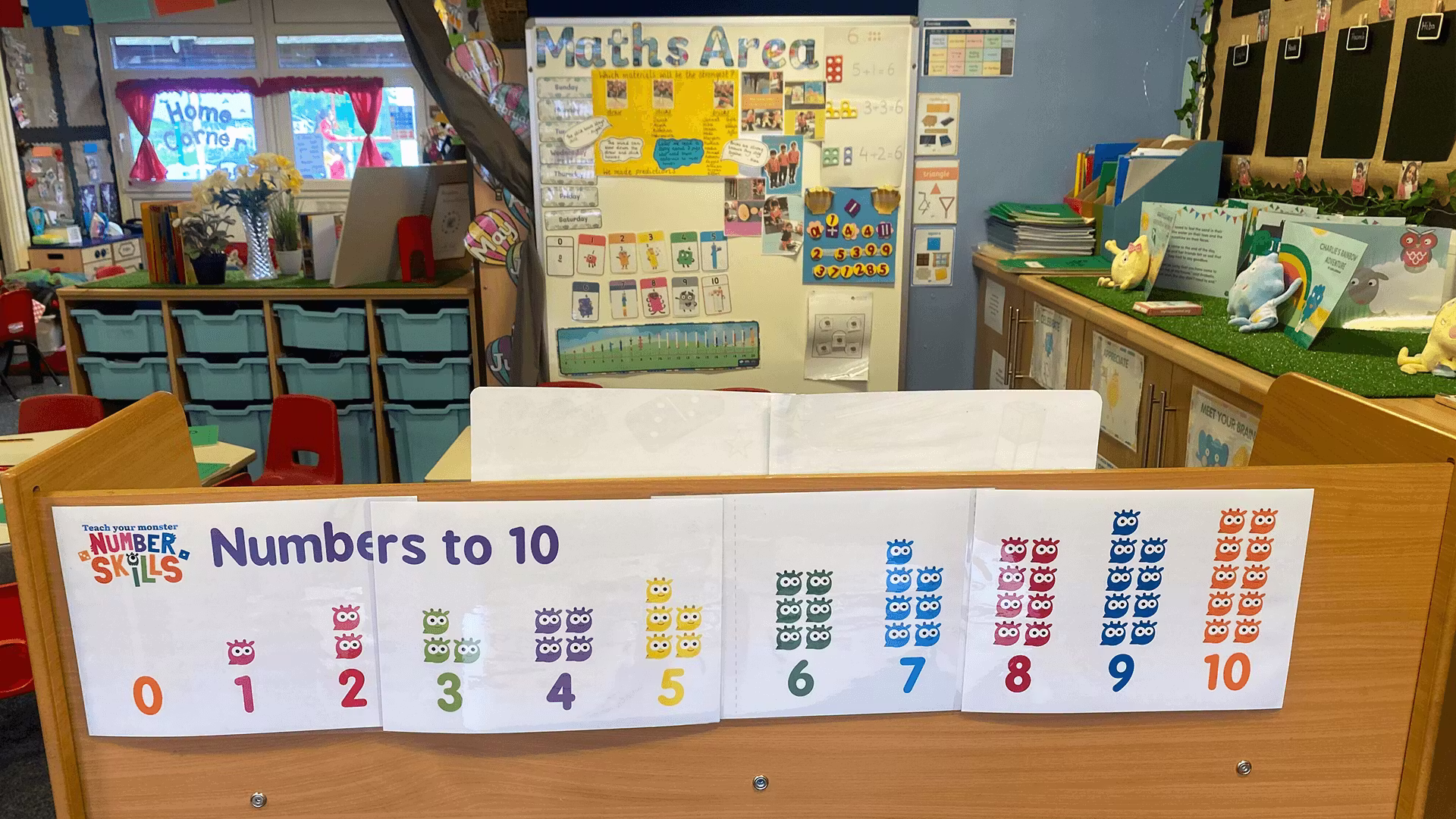 Number Skills, Numbers to 10, printed banner in a classroom.