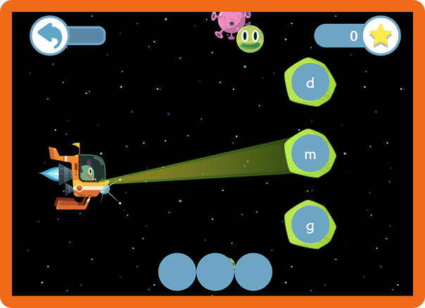 A screenshot fro the game with a monster in a spaceship pulling the letter 'm'.