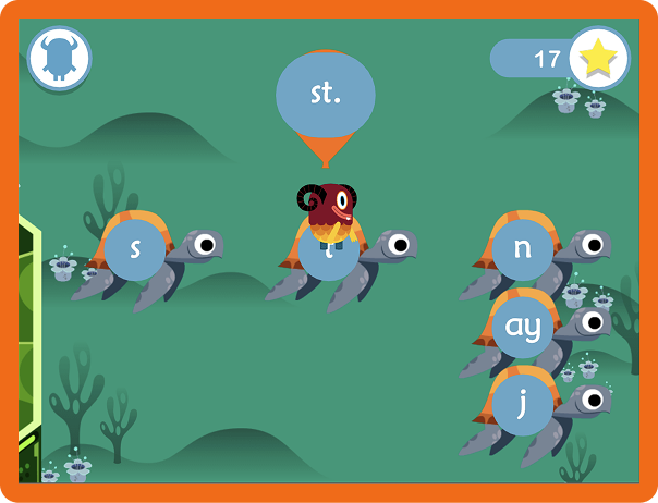 A monster travels across turtles with phonemes on them