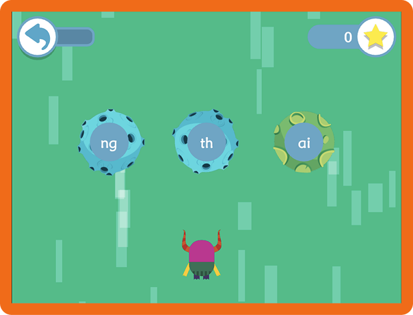 A screenshot from the game, three meteors in front of a monster with the phonemes 'ng', 'th' and 'ai' 