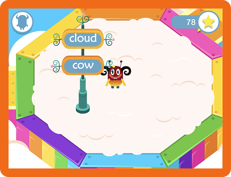 A monster stands behind a sign with the words 'cloud' and 'cow' on it.