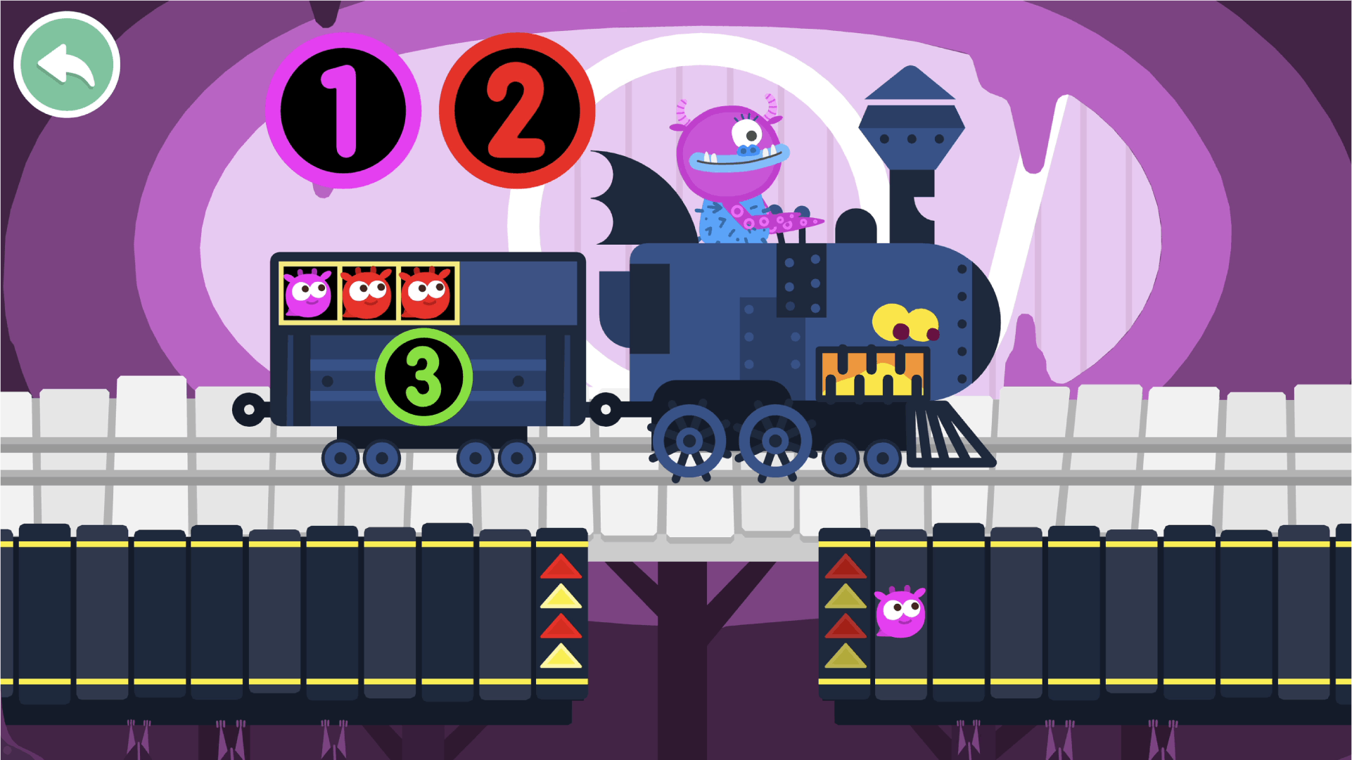 A screenshot from the Rollercoaster game in Number Skills, showing how 1 and 2 make 3.