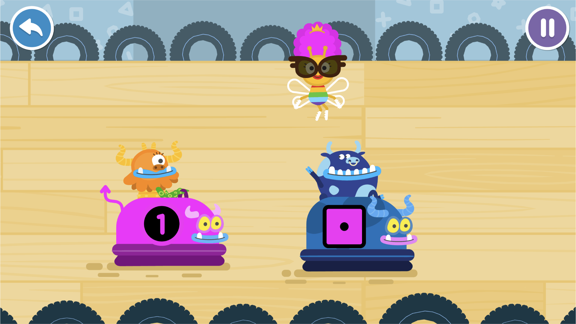 A screenshot from the Bumper Cars game in Number Skills with matching numeral 1 to a 1 on the dice.