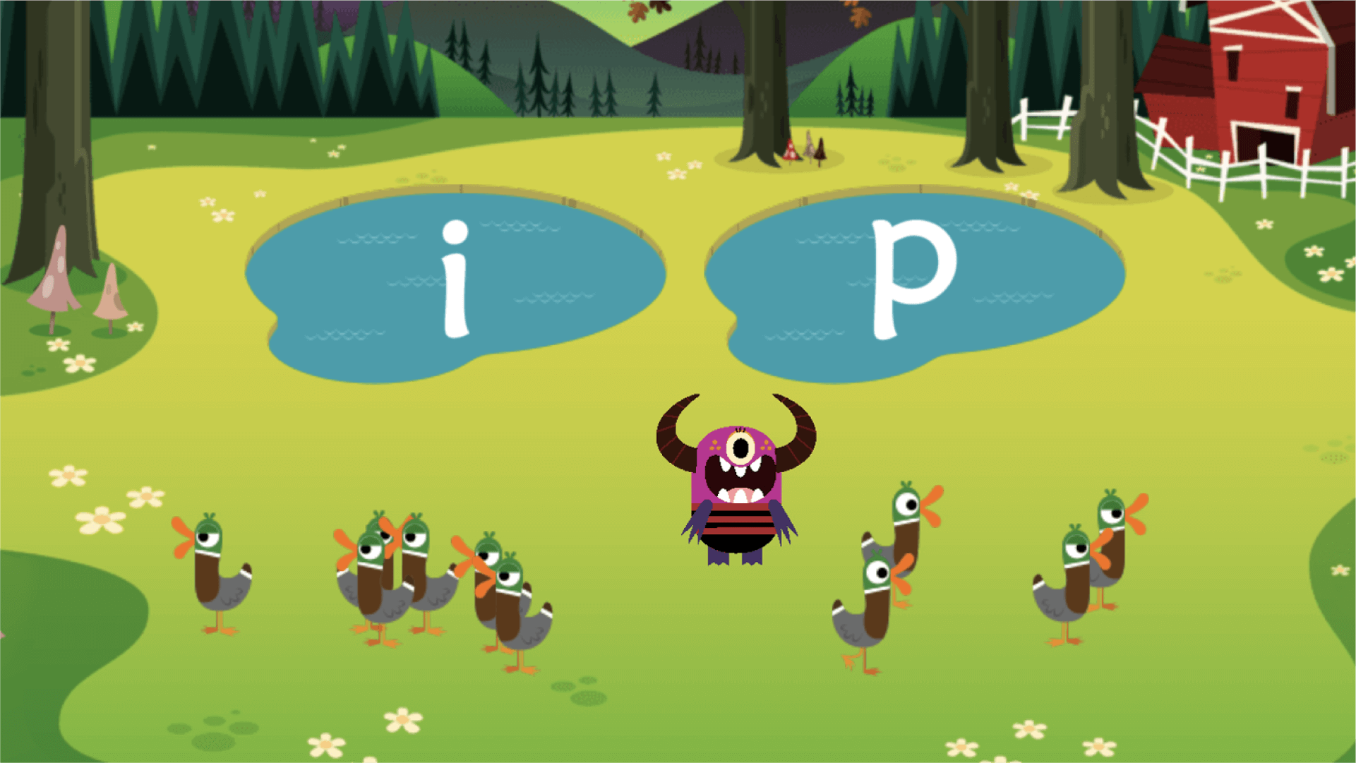 A monster with ducks and two ponds labelled 'i' and 'p'