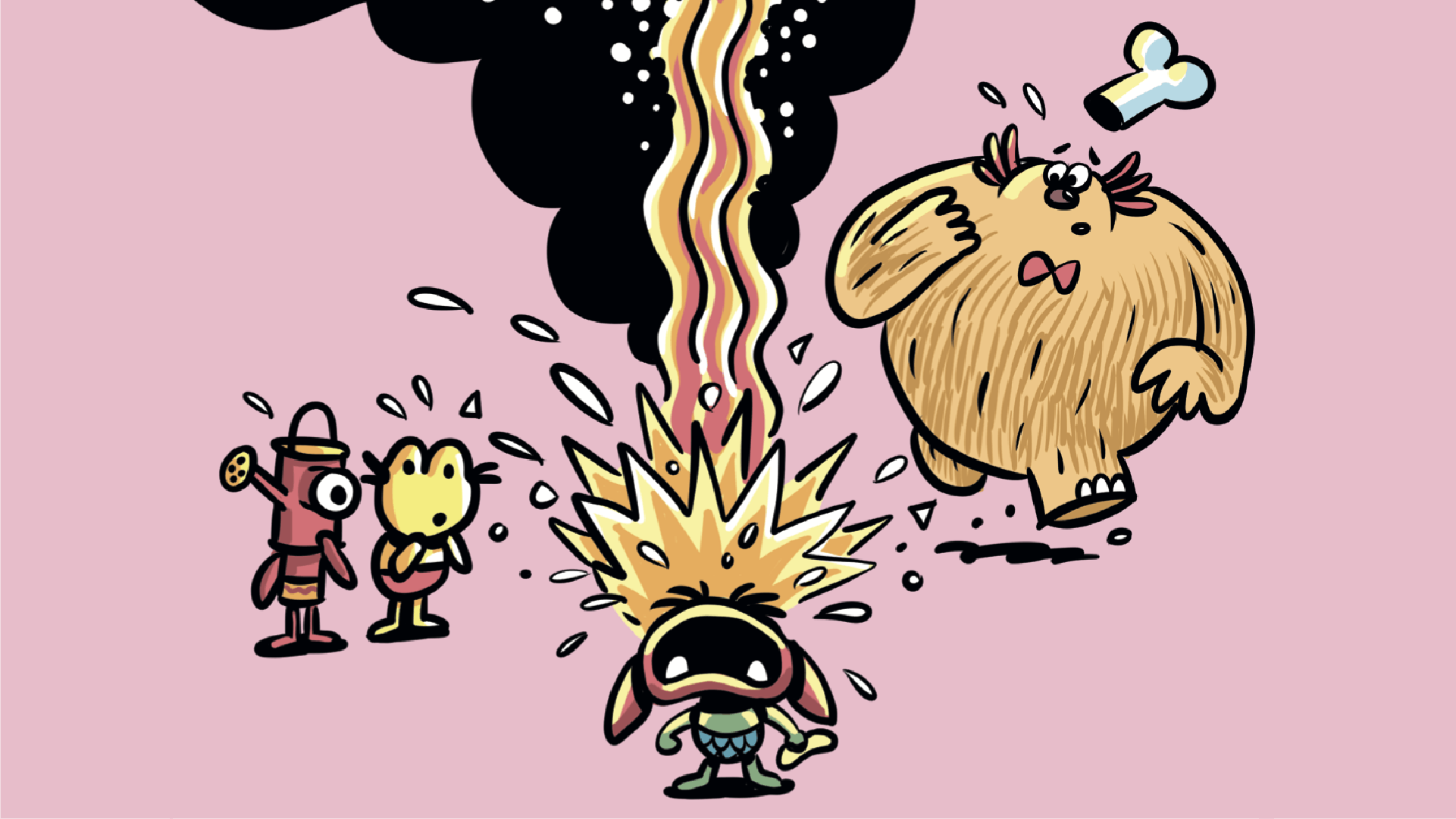 A cute monster with an explosion from his head in anger