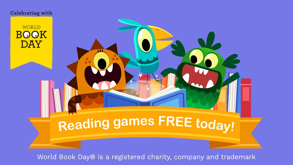 Three monster reading with the banner 'Reading games free today!' underneath them