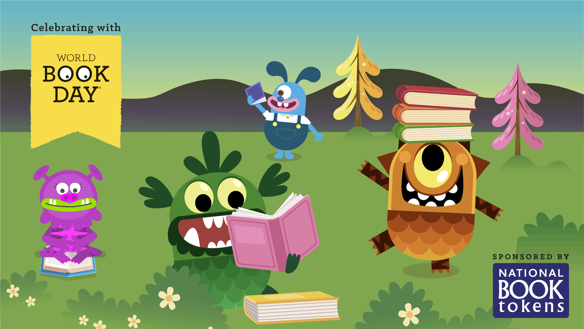 Four monsters all reading books in a meadow