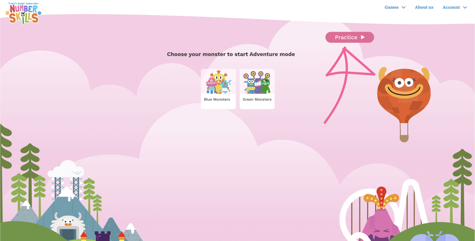 Game screenshot indicating where to find practice mode from the player select screen.