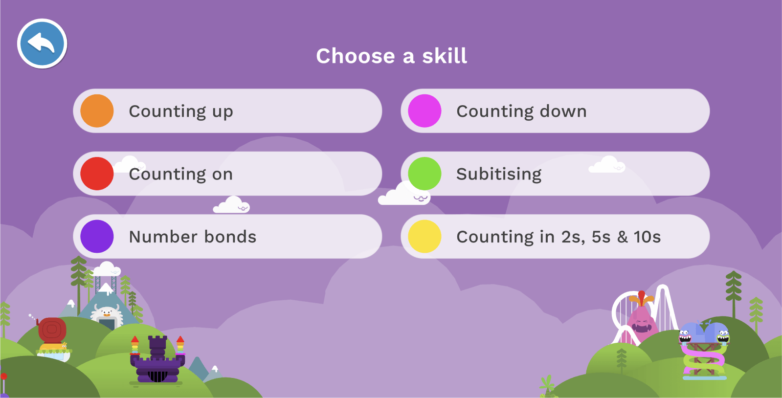 Choose a skill: Counting up, Counting down, Counting on, Subitising, Number bonds or Counting in 2s, 5s & 10s