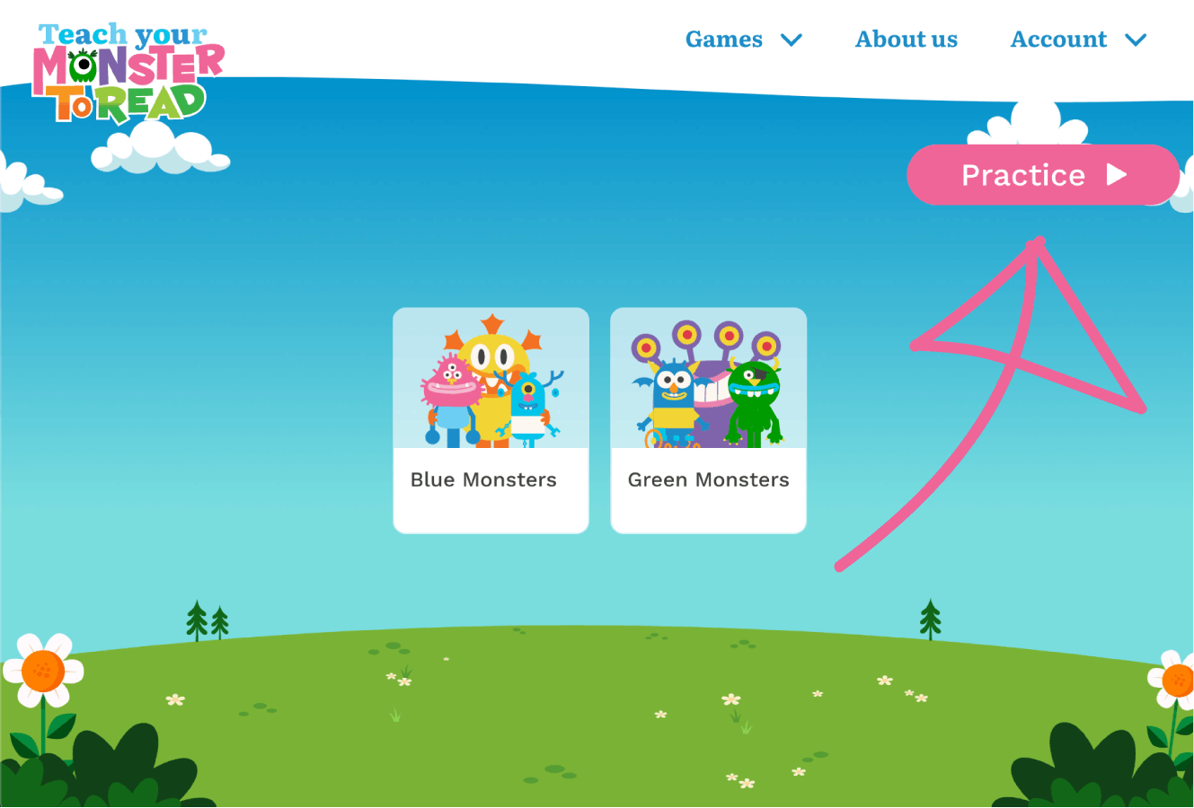 Screenshot showing where to find the 'Practice' button on the player selection screen on the web.