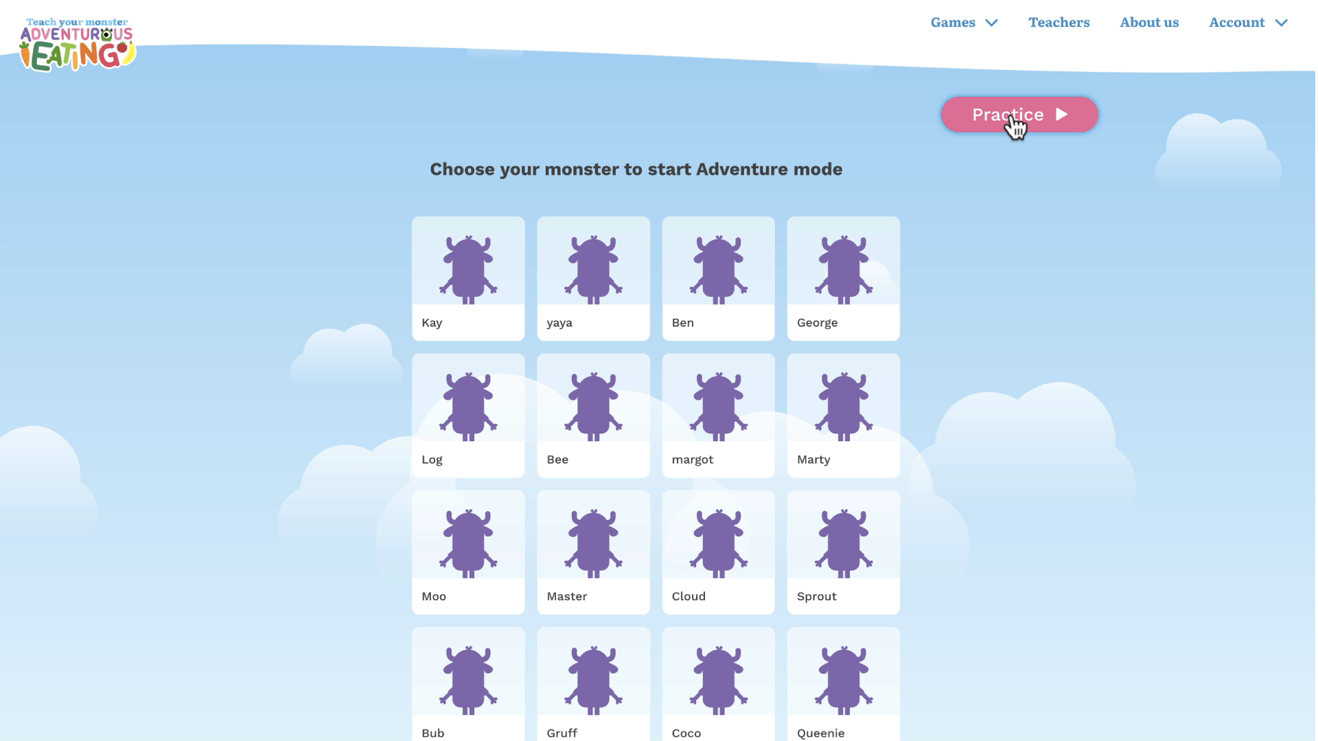Screenshot indicating where to find the practice mode button from the player selection screen on the web.