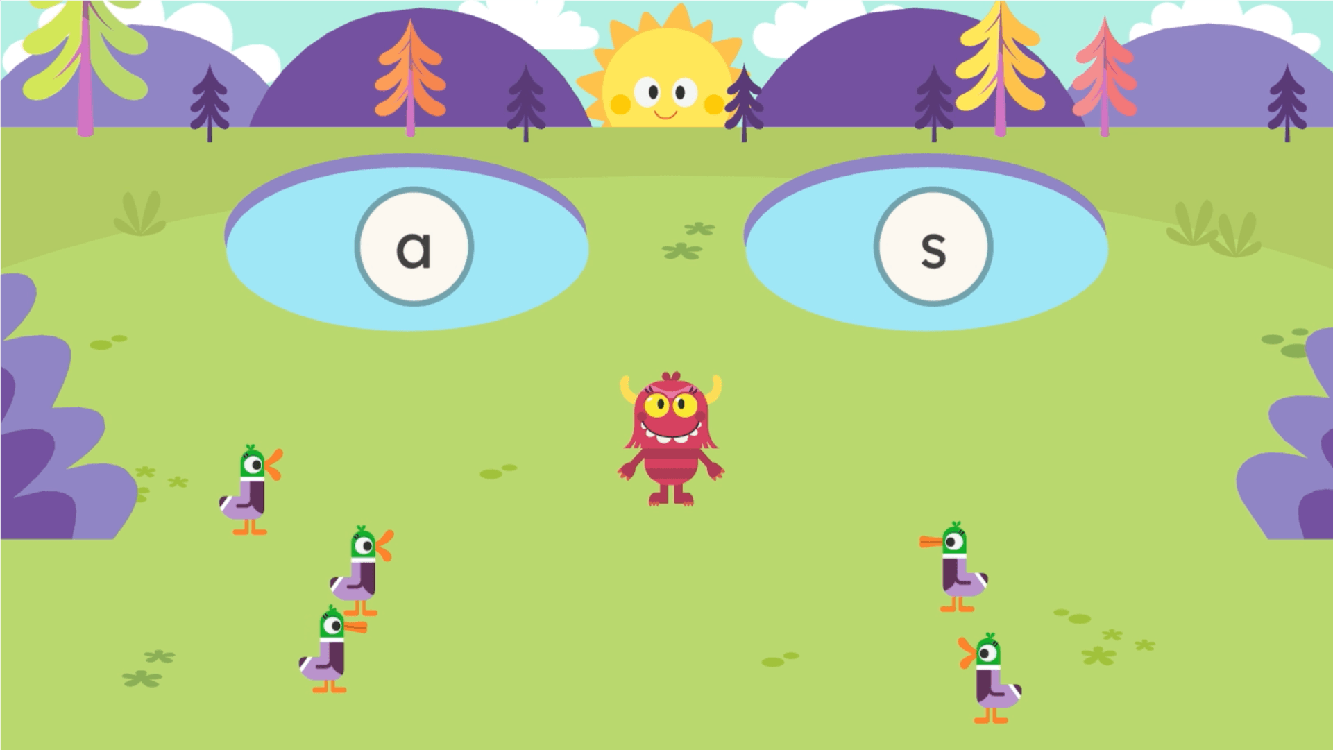 A monster stands in between two ponds with 'a' and 's' in them. Ducks are waiting to be led to the correct pond. 