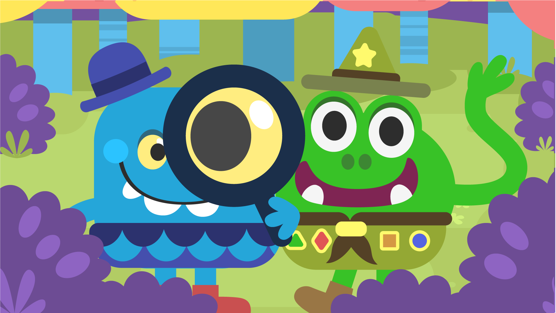 Two characters from our new game standing in a forest