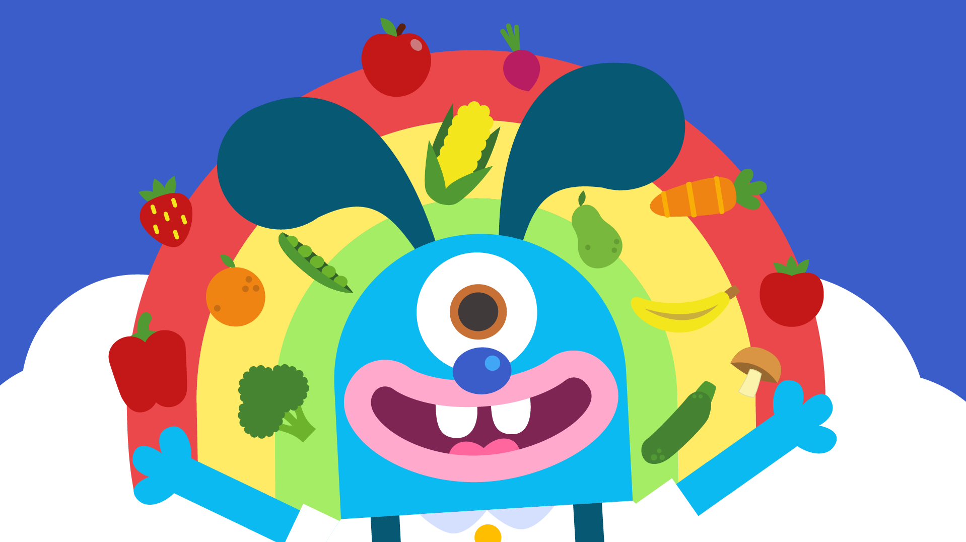 Bub stands in front of a rainbow of food