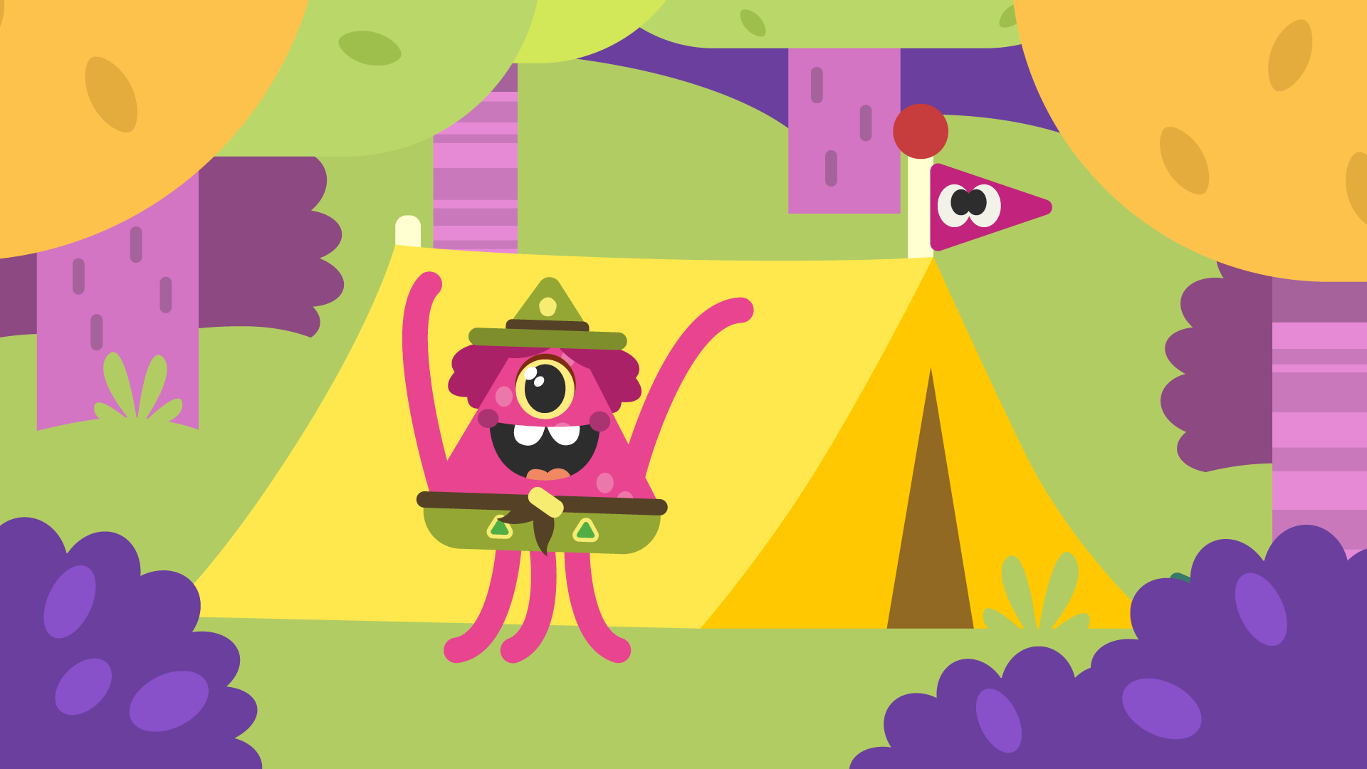 A scout monster standing in front of a tent