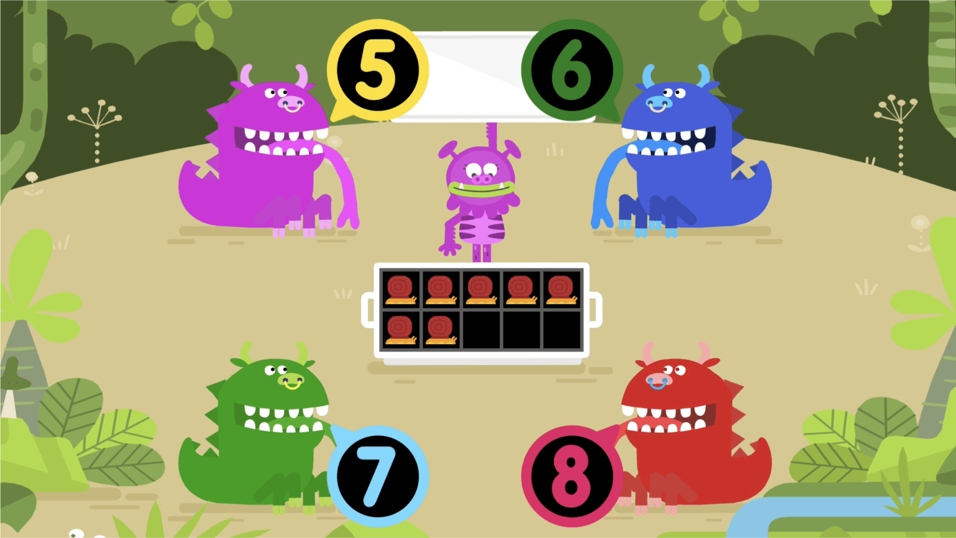 Four dinocows with different numbers wait to be fed the correct number of snails.