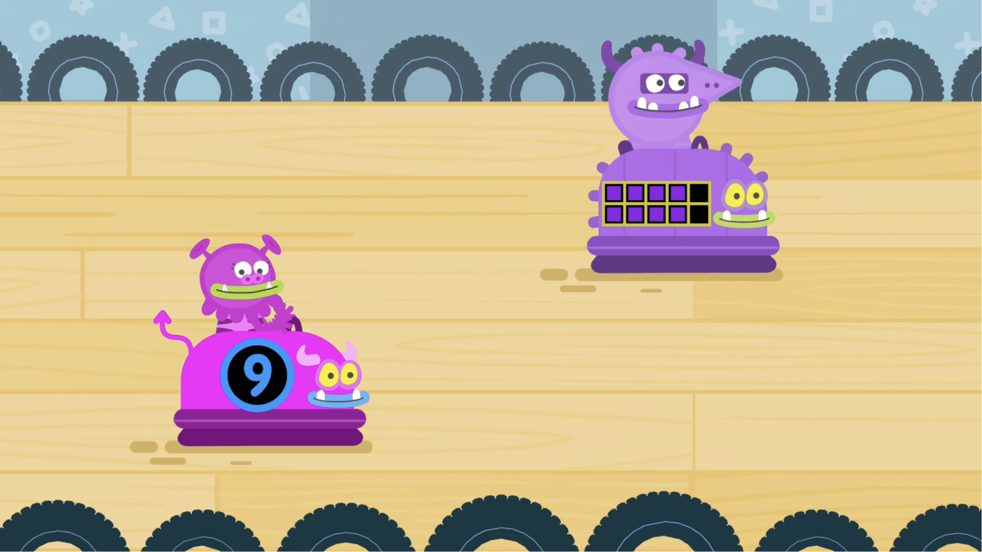 A monster bumper car with the numeral 9 on it is behind another car with a ten frame showing 8 blocks.