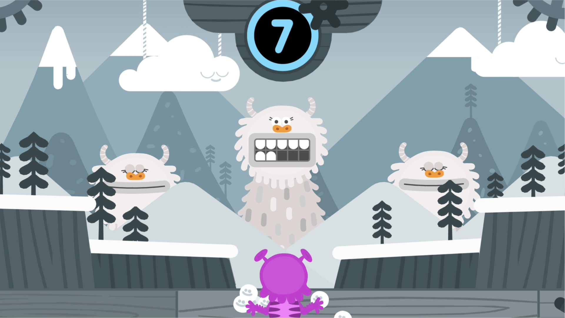 A monster stands holding a snowball in front of an open mouthed yeti with 7 teeth showing.